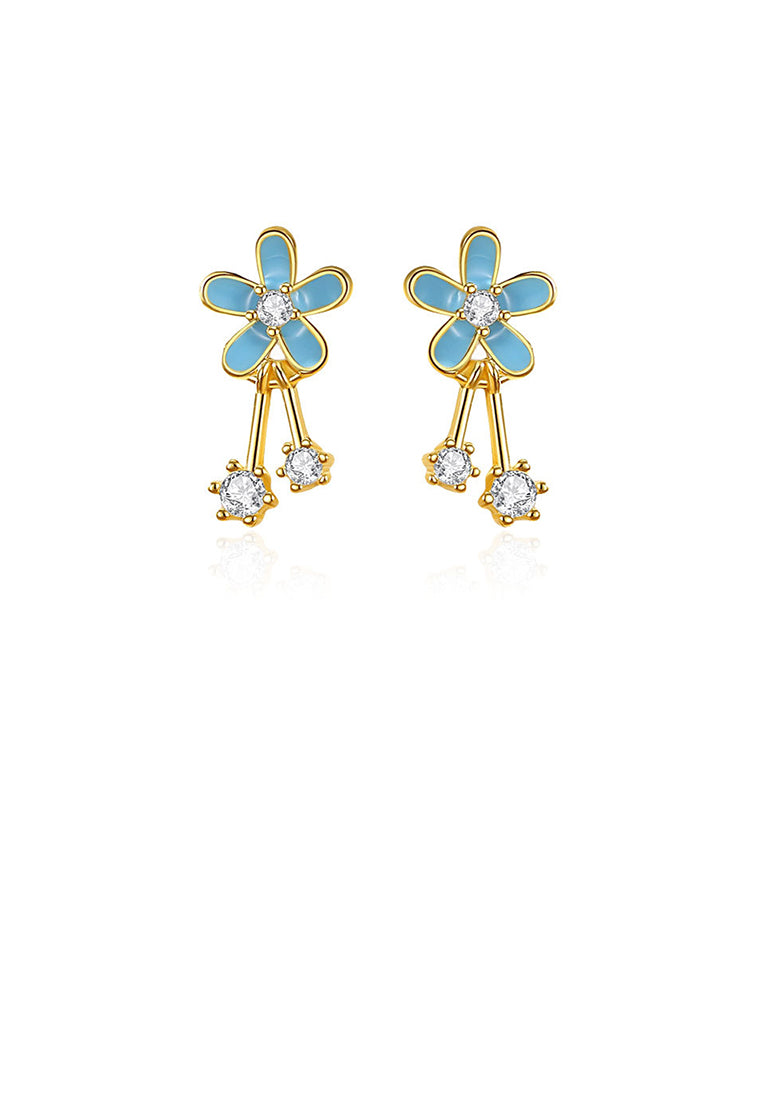 925 Sterling Silver Plated Gold Simple Fashion Enamel Blue Flower Stud Earrings with Cubic Zirconia - Luxurious Look
