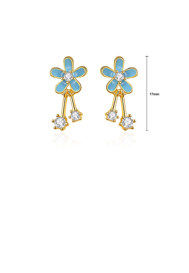 925 Sterling Silver Plated Gold Simple Fashion Enamel Blue Flower Stud Earrings with Cubic Zirconia - Luxurious Look