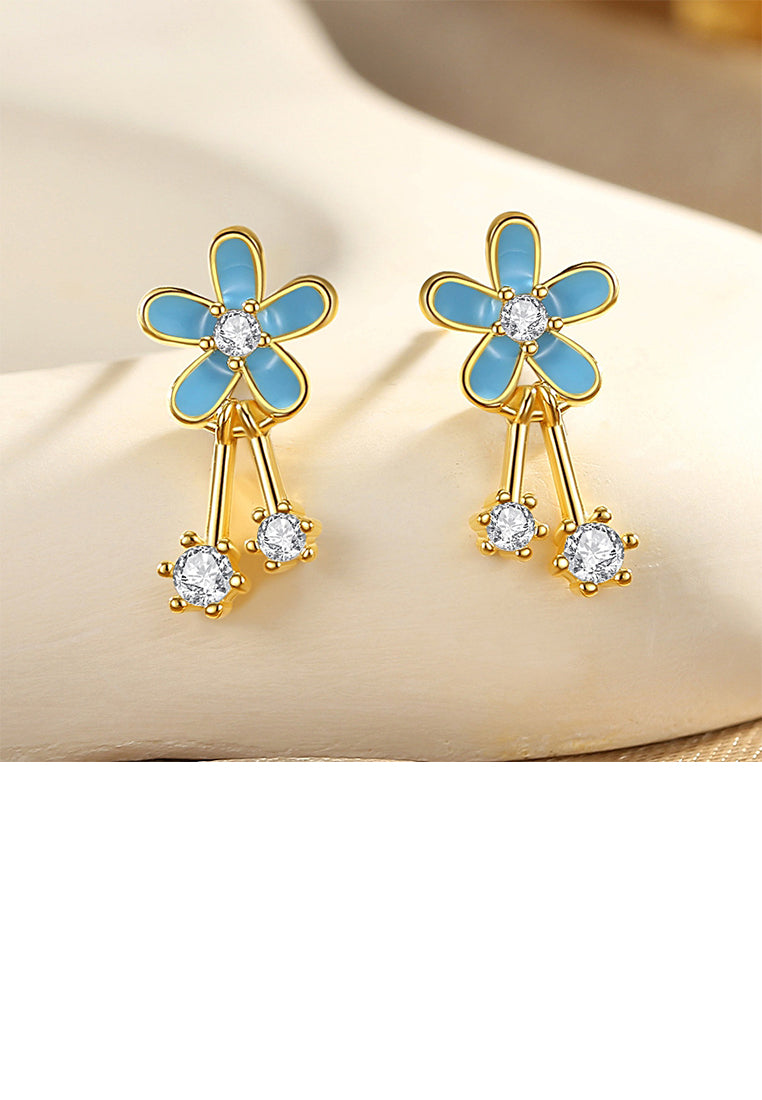 925 Sterling Silver Plated Gold Simple Fashion Enamel Blue Flower Stud Earrings with Cubic Zirconia - Luxurious Look