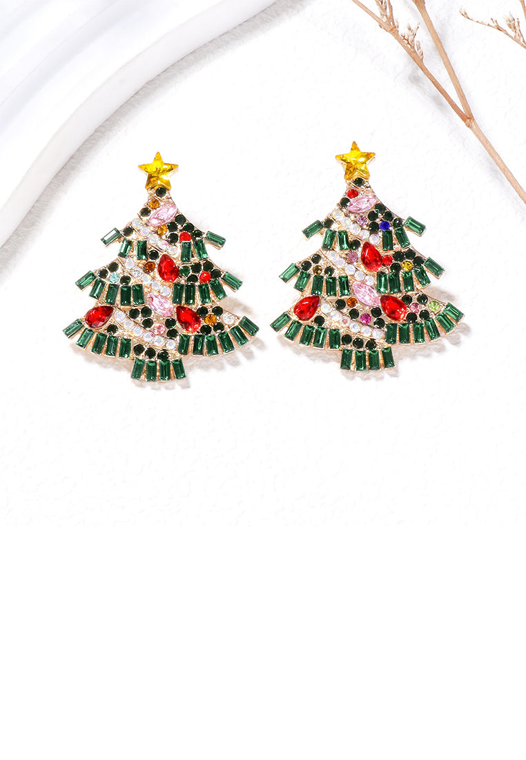 Fashion Brilliant Plated Gold Christmas Tree Stud Earrings with Cubic Zirconia - Luxurious Look
