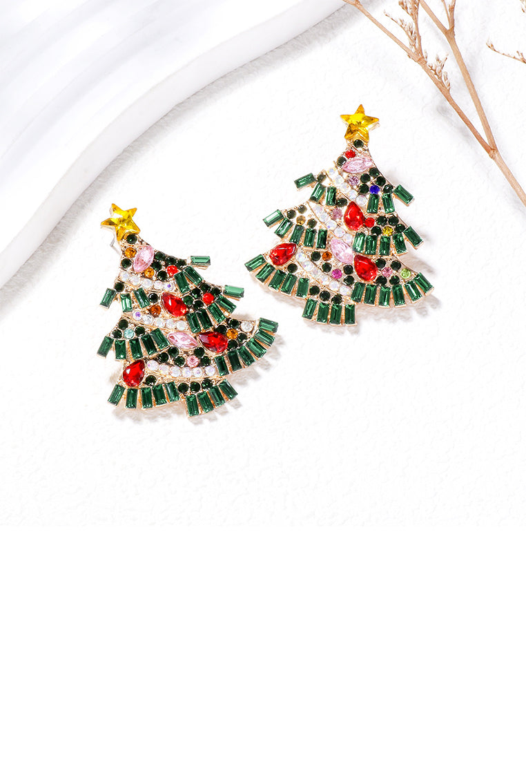 Fashion Brilliant Plated Gold Christmas Tree Stud Earrings with Cubic Zirconia - Luxurious Look