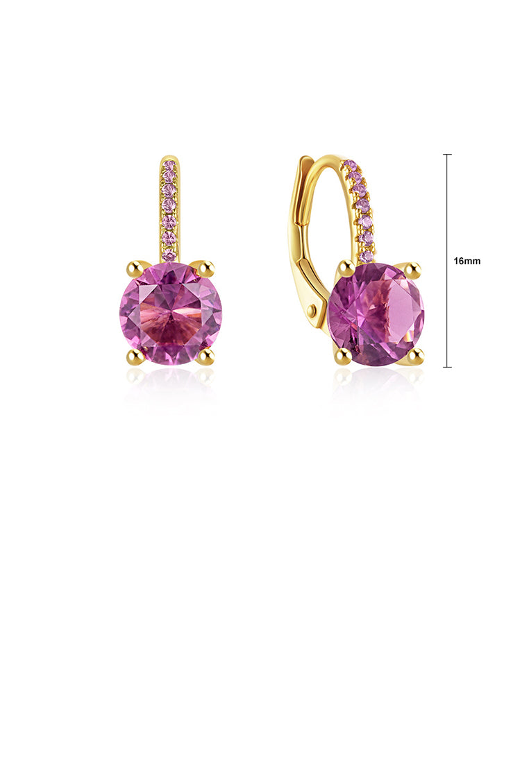 925 Sterling Silver Plated Gold Simple Brilliant Geometric Round Earrings with Purple Cubic Zirconia - Luxurious Look