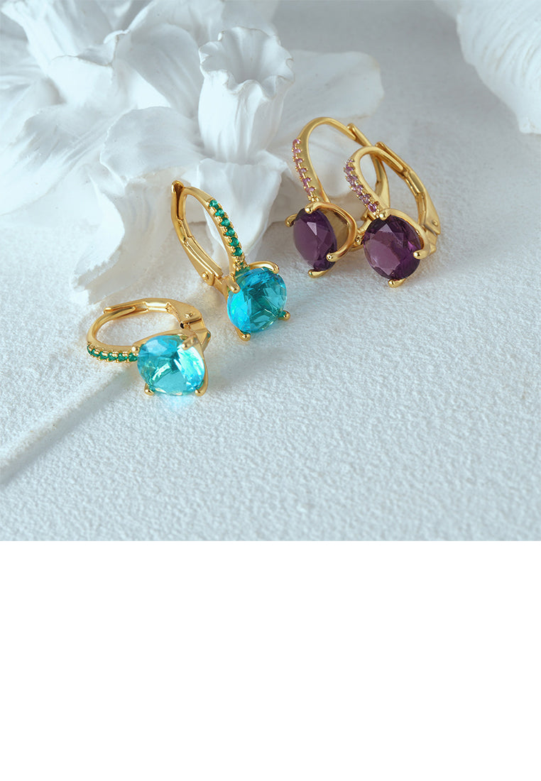 925 Sterling Silver Plated Gold Simple Brilliant Geometric Round Earrings with Purple Cubic Zirconia - Luxurious Look