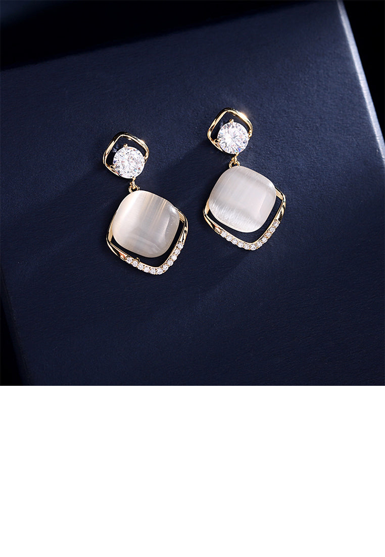Fashion Simple Plated Gold Rhombus Geometric Imitation Opal Earrings with Cubic Zirconia - Luxurious Look