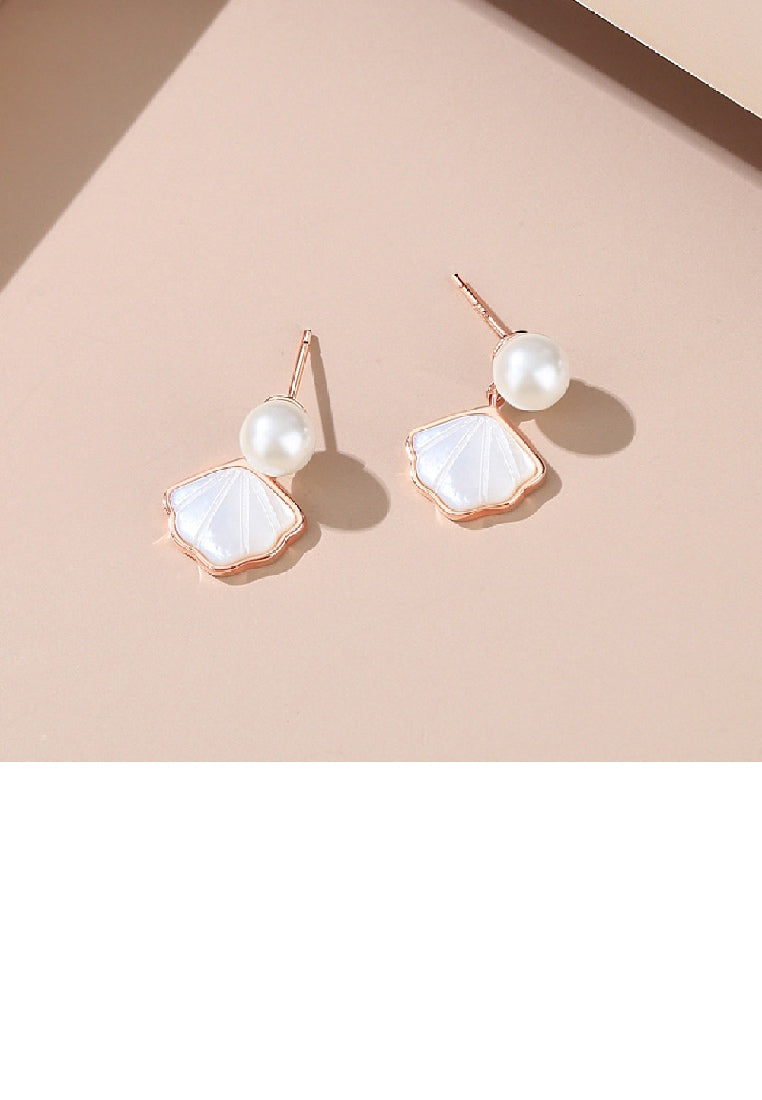 925 Sterling Silver Plated Rose Gold Fashion Simple Shell Stud Earrings with Imitation Pearls