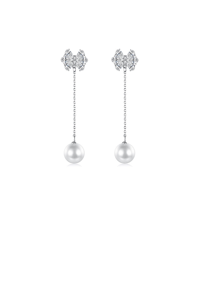 Simple and Elegant Ribbon Tassel Imitation Pearl Earrings with Cubic Zirconia - Luxurious Look
