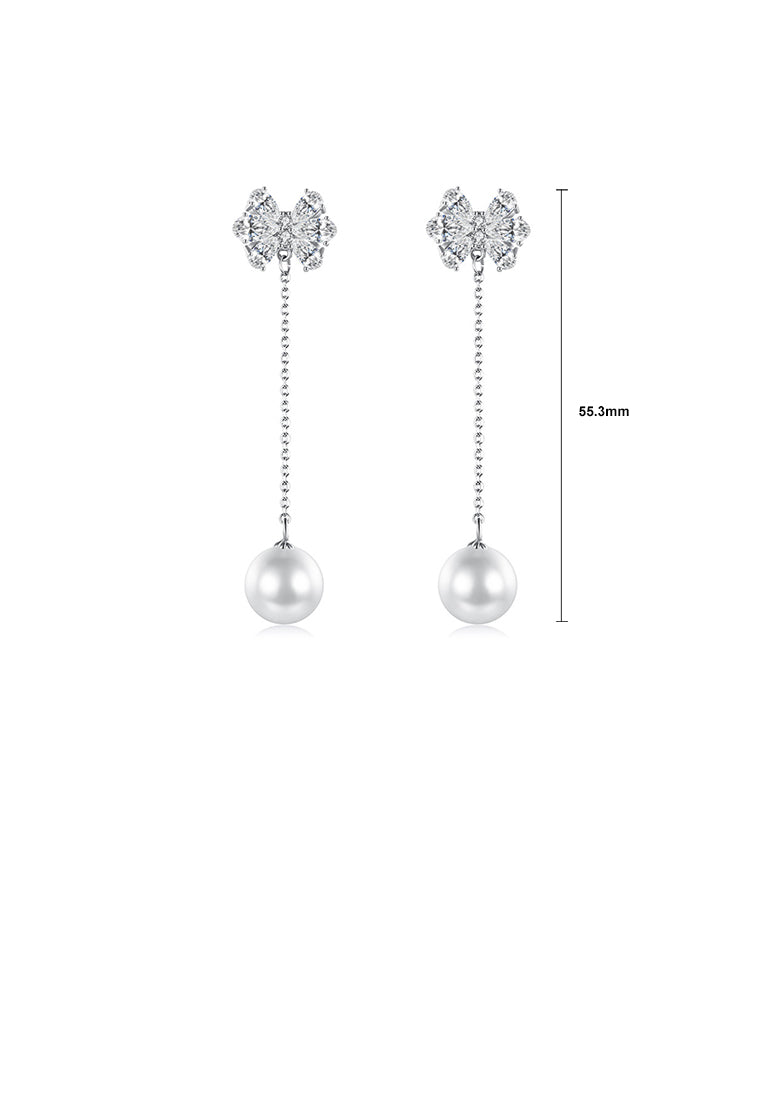 Simple and Elegant Ribbon Tassel Imitation Pearl Earrings with Cubic Zirconia - Luxurious Look