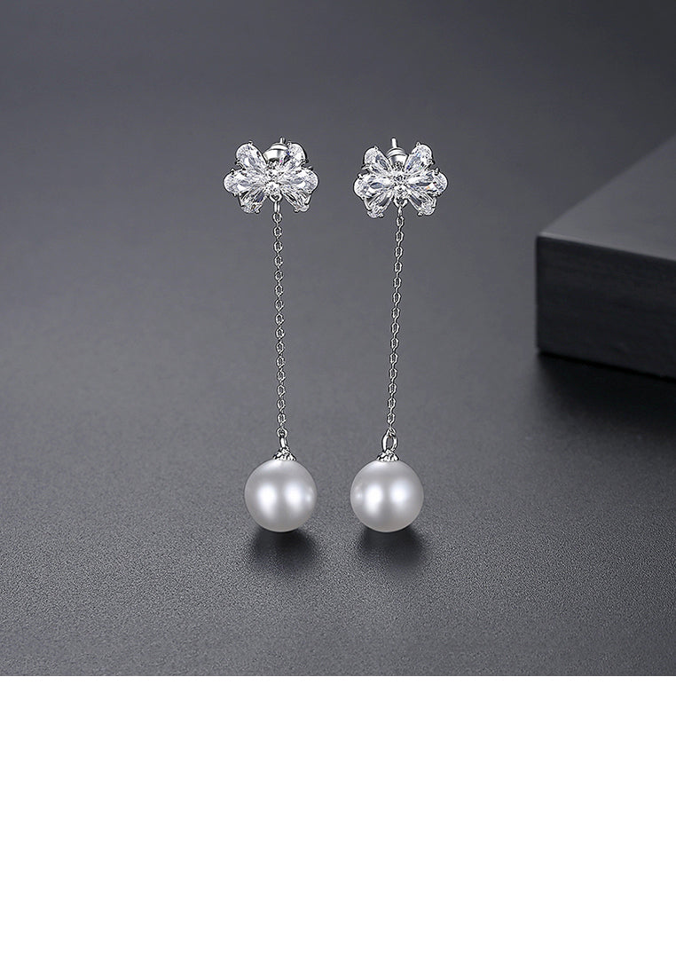 Simple and Elegant Ribbon Tassel Imitation Pearl Earrings with Cubic Zirconia - Luxurious Look