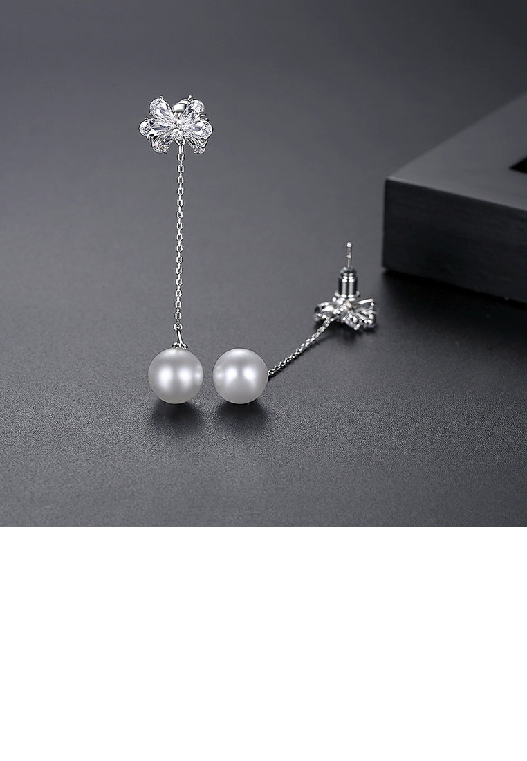 Simple and Elegant Ribbon Tassel Imitation Pearl Earrings with Cubic Zirconia - Luxurious Look