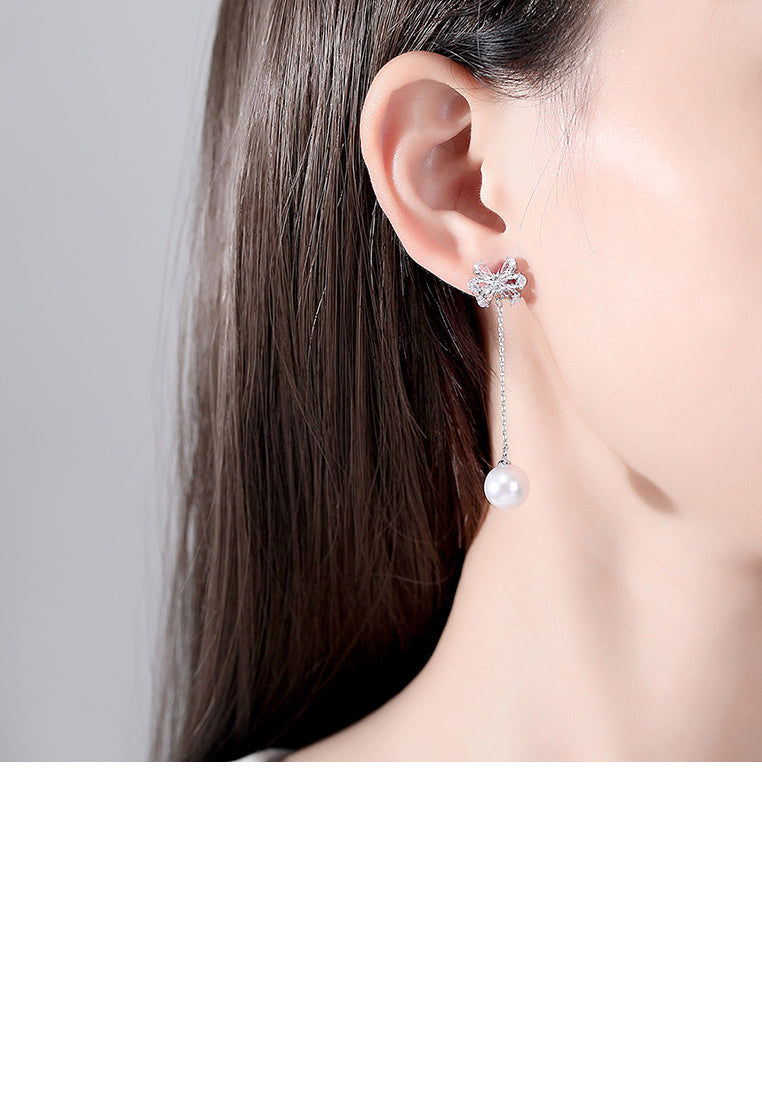 Simple and Elegant Ribbon Tassel Imitation Pearl Earrings with Cubic Zirconia - Luxurious Look
