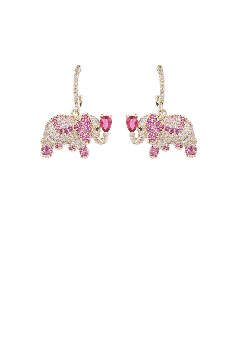 Fashion Creative Plated Gold Ethnic Elephant Earrings with Pink Cubic Zirconia - Luxurious Look - Vibrant Color