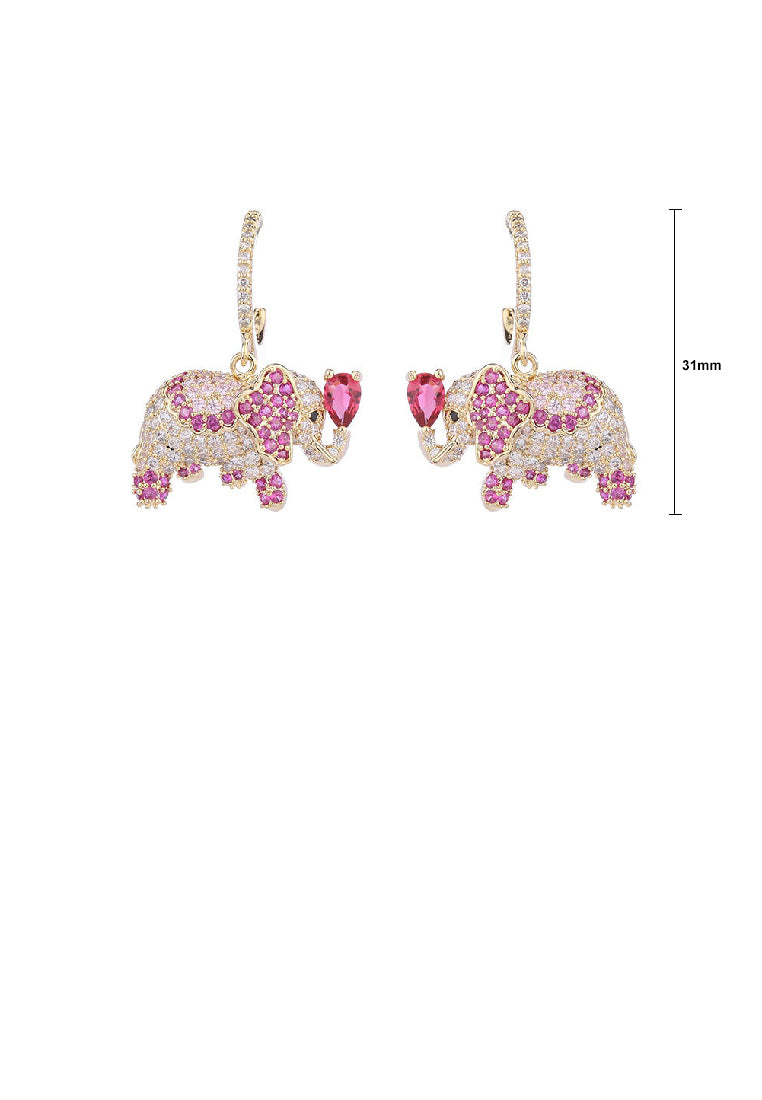 Fashion Creative Plated Gold Ethnic Elephant Earrings with Pink Cubic Zirconia - Luxurious Look - Vibrant Color