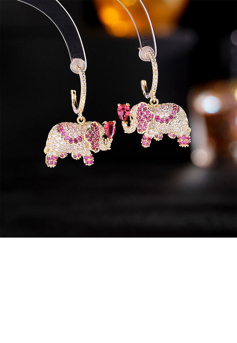 Fashion Creative Plated Gold Ethnic Elephant Earrings with Pink Cubic Zirconia - Luxurious Look - Vibrant Color