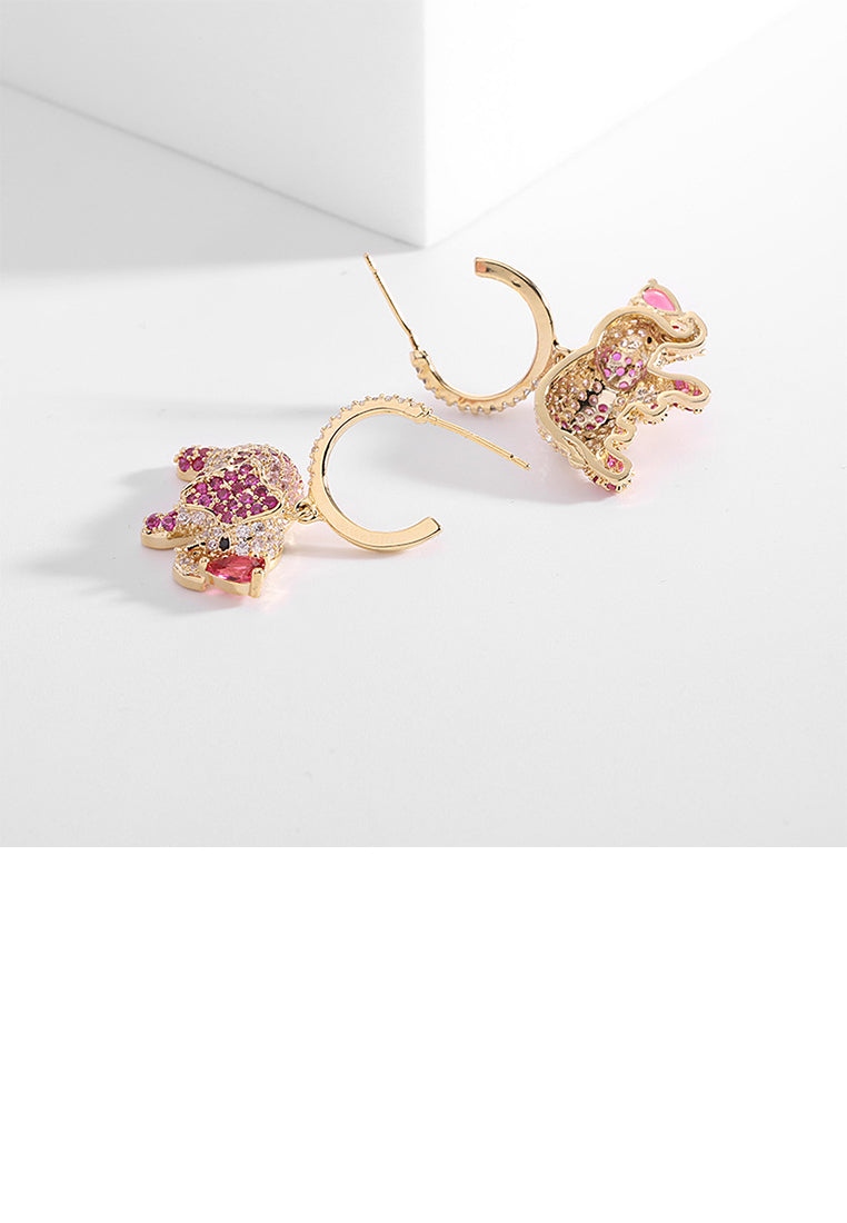 Fashion Creative Plated Gold Ethnic Elephant Earrings with Pink Cubic Zirconia - Luxurious Look - Vibrant Color