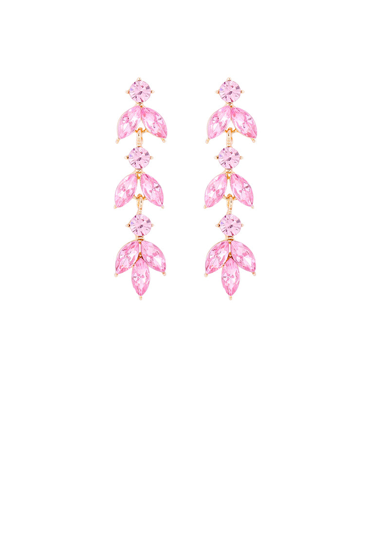 Simple and Fashion Plated Gold Leaf Tassel Earrings with Pink Cubic Zirconia - Luxurious Look - Vibrant Color