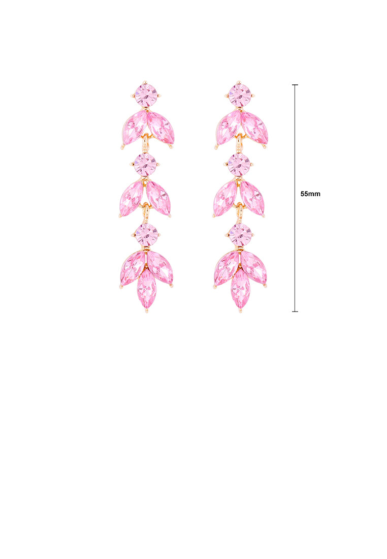 Simple and Fashion Plated Gold Leaf Tassel Earrings with Pink Cubic Zirconia - Luxurious Look - Vibrant Color