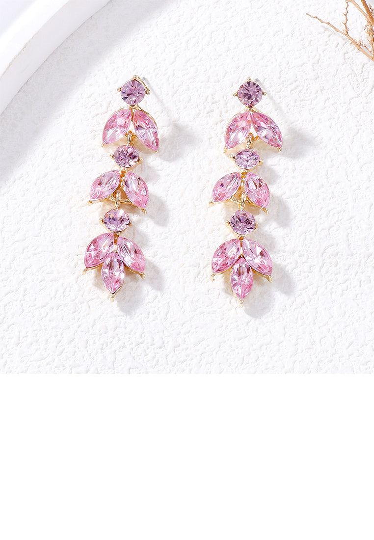 Simple and Fashion Plated Gold Leaf Tassel Earrings with Pink Cubic Zirconia - Luxurious Look - Vibrant Color