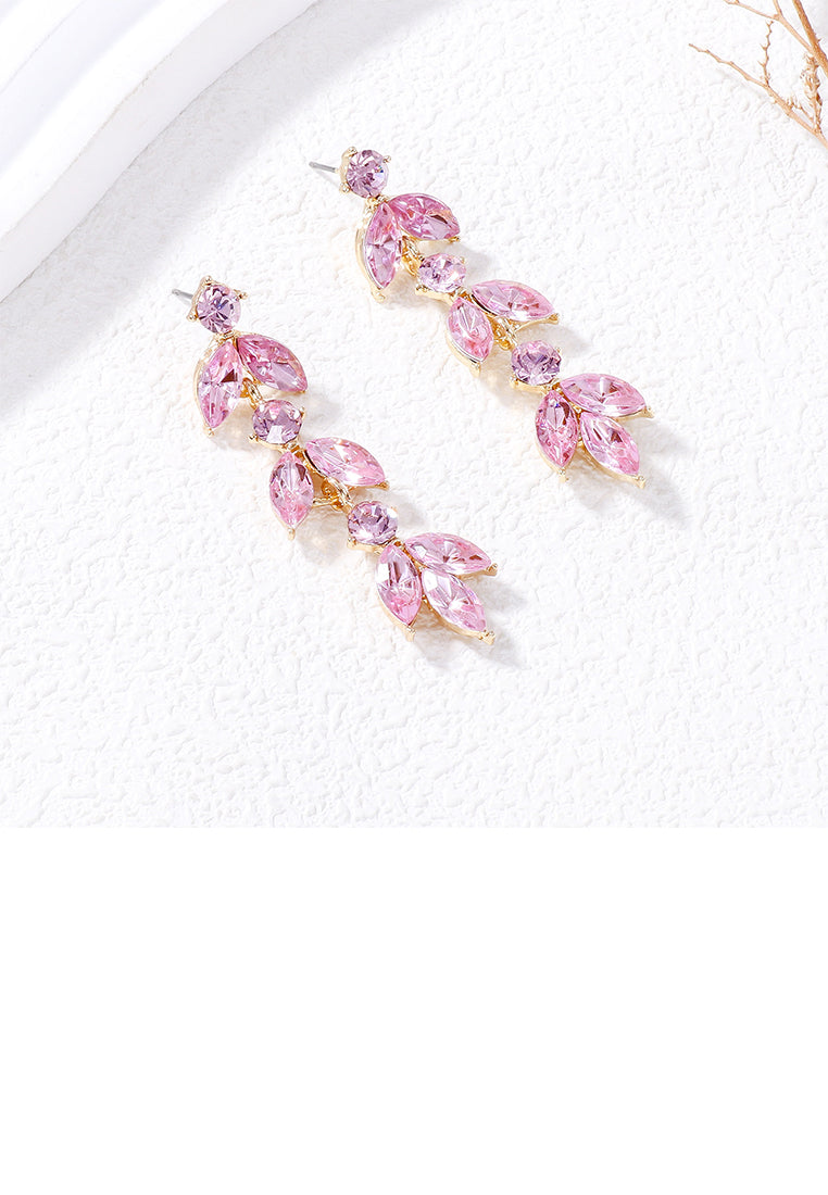 Simple and Fashion Plated Gold Leaf Tassel Earrings with Pink Cubic Zirconia - Luxurious Look - Vibrant Color