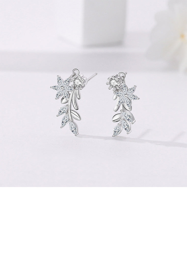 925 Sterling Silver Fashion Temperament Flower Leaf Stud Earrings with Cubic Zirconia - Luxurious Look