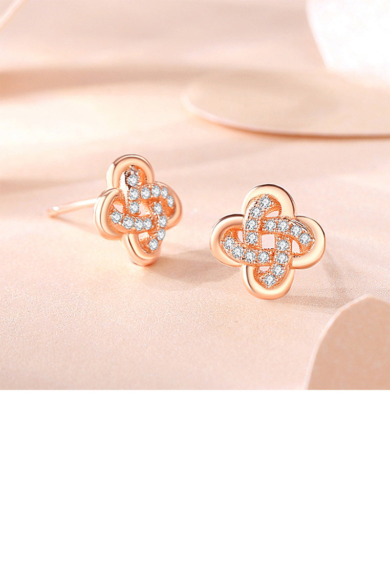 925 Sterling Silver Plated Rose Gold Simple Temperament Four-leafed Clover Stud Earrings with Cubic Zirconia - Luxurious Look
