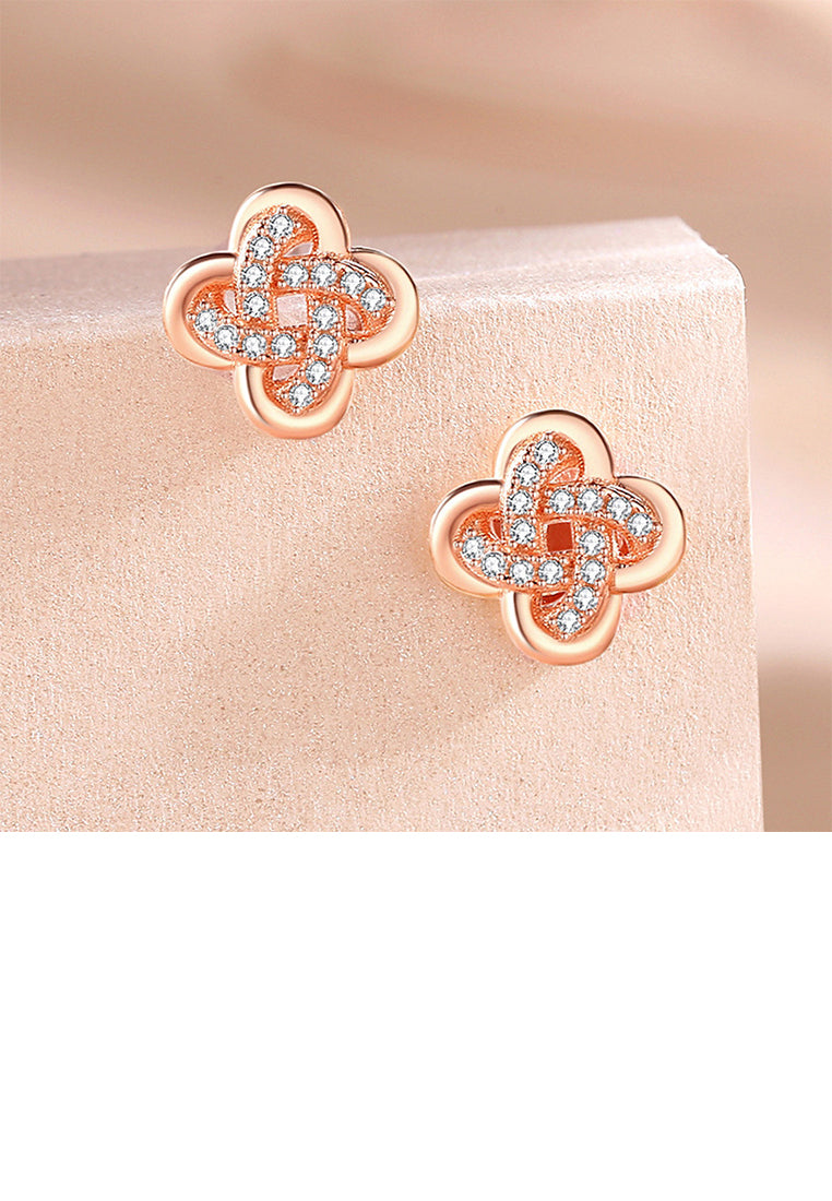 925 Sterling Silver Plated Rose Gold Simple Temperament Four-leafed Clover Stud Earrings with Cubic Zirconia - Luxurious Look