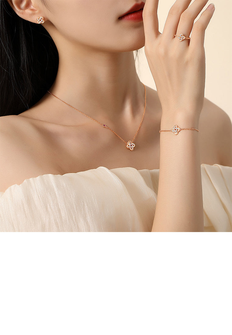 925 Sterling Silver Plated Rose Gold Simple Temperament Four-leafed Clover Stud Earrings with Cubic Zirconia - Luxurious Look