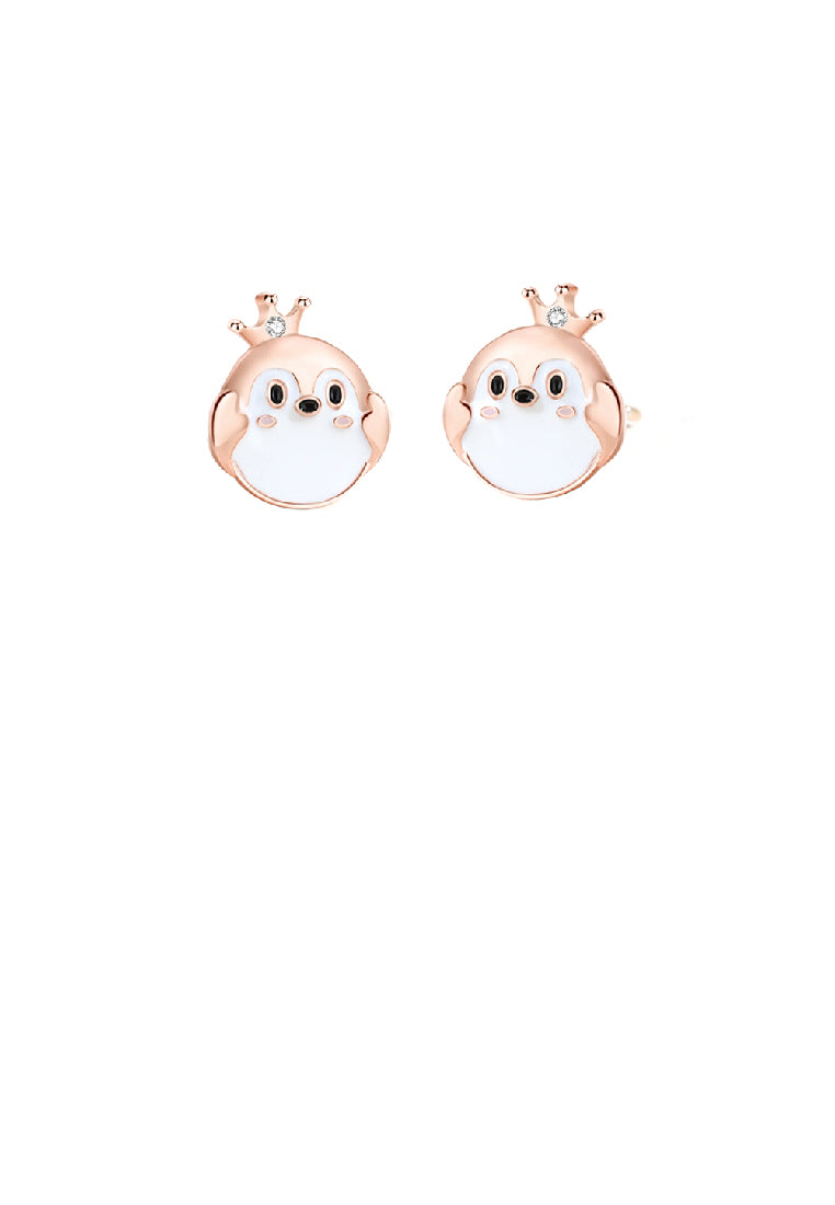 925 Sterling Silver Plated Rose Gold Simple Cute Crown Penguin Stud Earrings with Cubic Zirconia - Luxurious Look