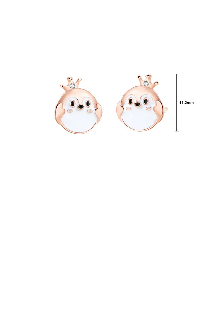 925 Sterling Silver Plated Rose Gold Simple Cute Crown Penguin Stud Earrings with Cubic Zirconia - Luxurious Look