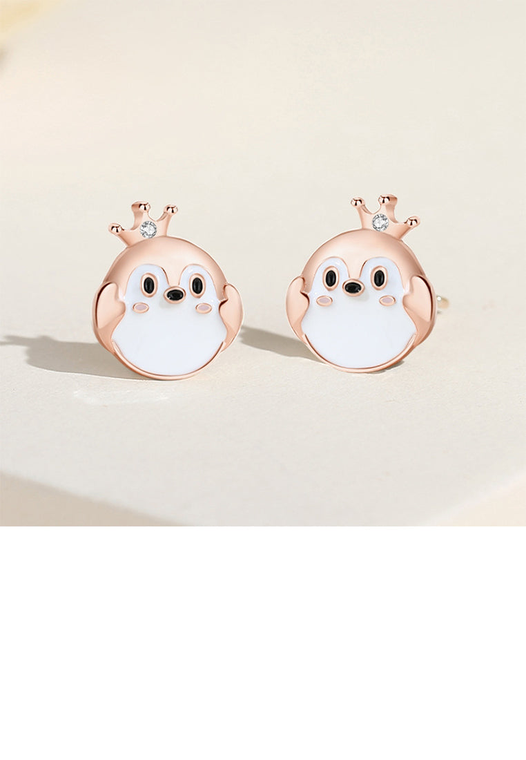 925 Sterling Silver Plated Rose Gold Simple Cute Crown Penguin Stud Earrings with Cubic Zirconia - Luxurious Look