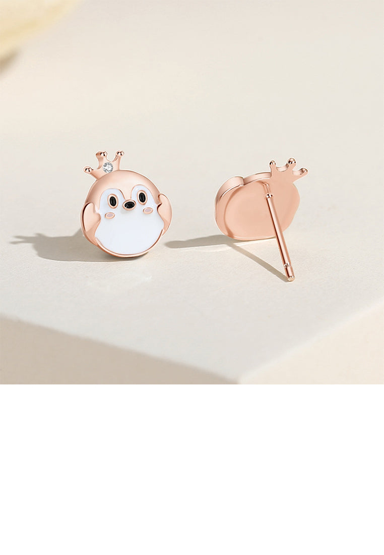 925 Sterling Silver Plated Rose Gold Simple Cute Crown Penguin Stud Earrings with Cubic Zirconia - Luxurious Look