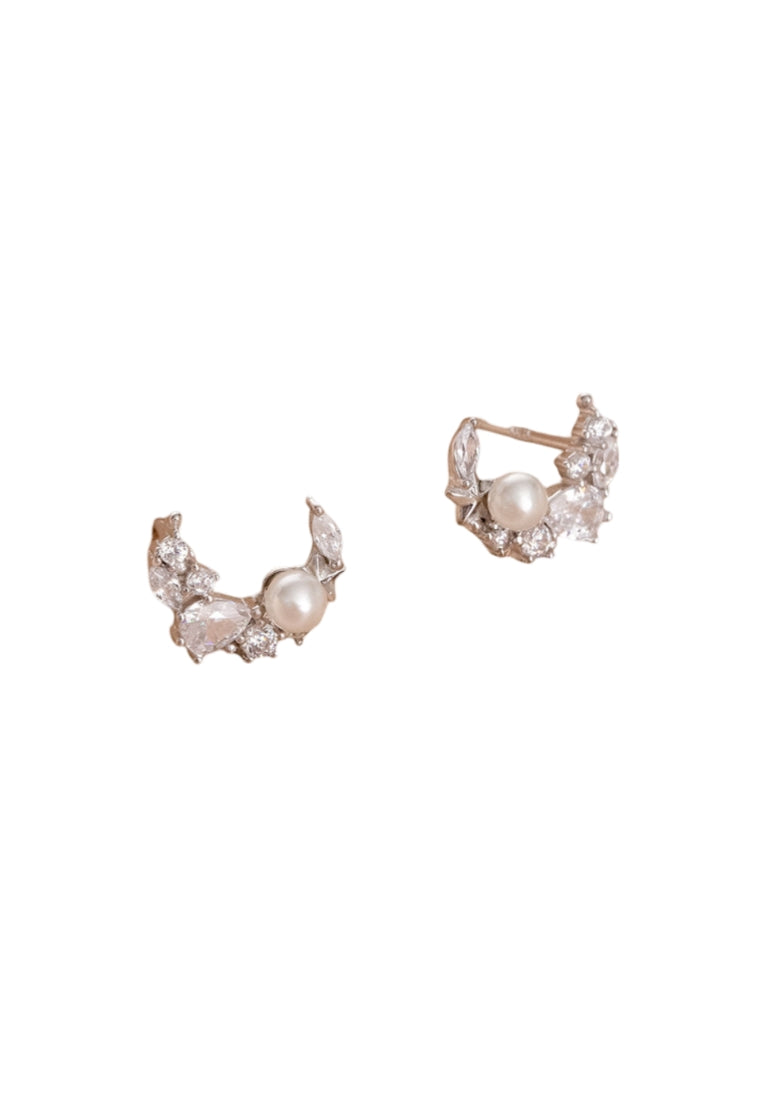925 Sterling Silver Simple Temperament Star Moon Imitation Pearl Stud Earrings with Cubic Zirconia - Luxurious Look