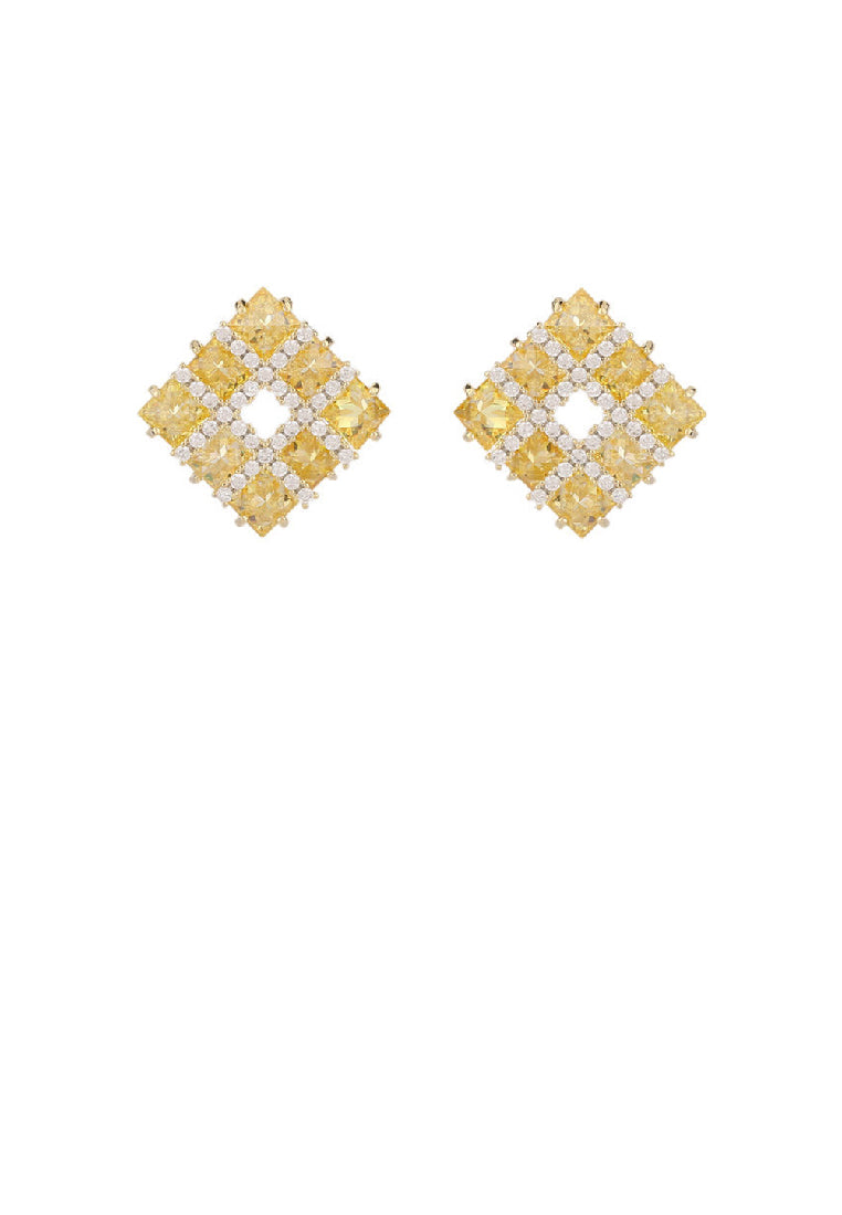 Simple Fashion Plated Gold Hollow Geometric Square Stud Earrings with Yellow Cubic Zirconia - Luxurious Look