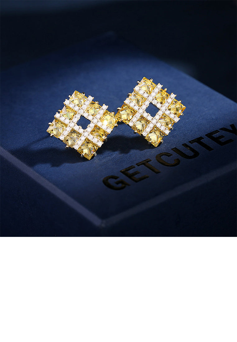 Simple Fashion Plated Gold Hollow Geometric Square Stud Earrings with Yellow Cubic Zirconia - Luxurious Look