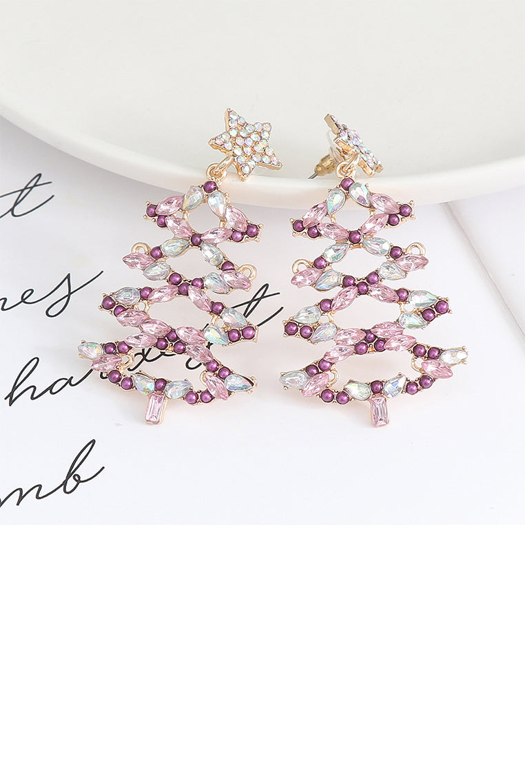 Fashion and Creative Plated Gold Hollow Christmas Tree Stud Earrings with Purple Cubic Zirconia - Luxurious Look