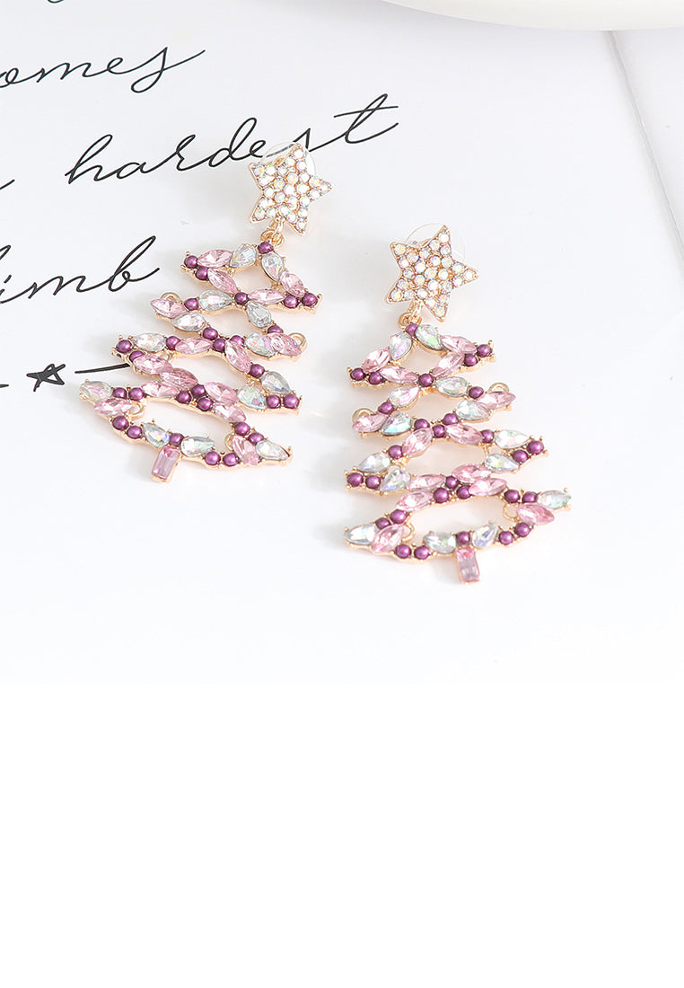 Fashion and Creative Plated Gold Hollow Christmas Tree Stud Earrings with Purple Cubic Zirconia - Luxurious Look