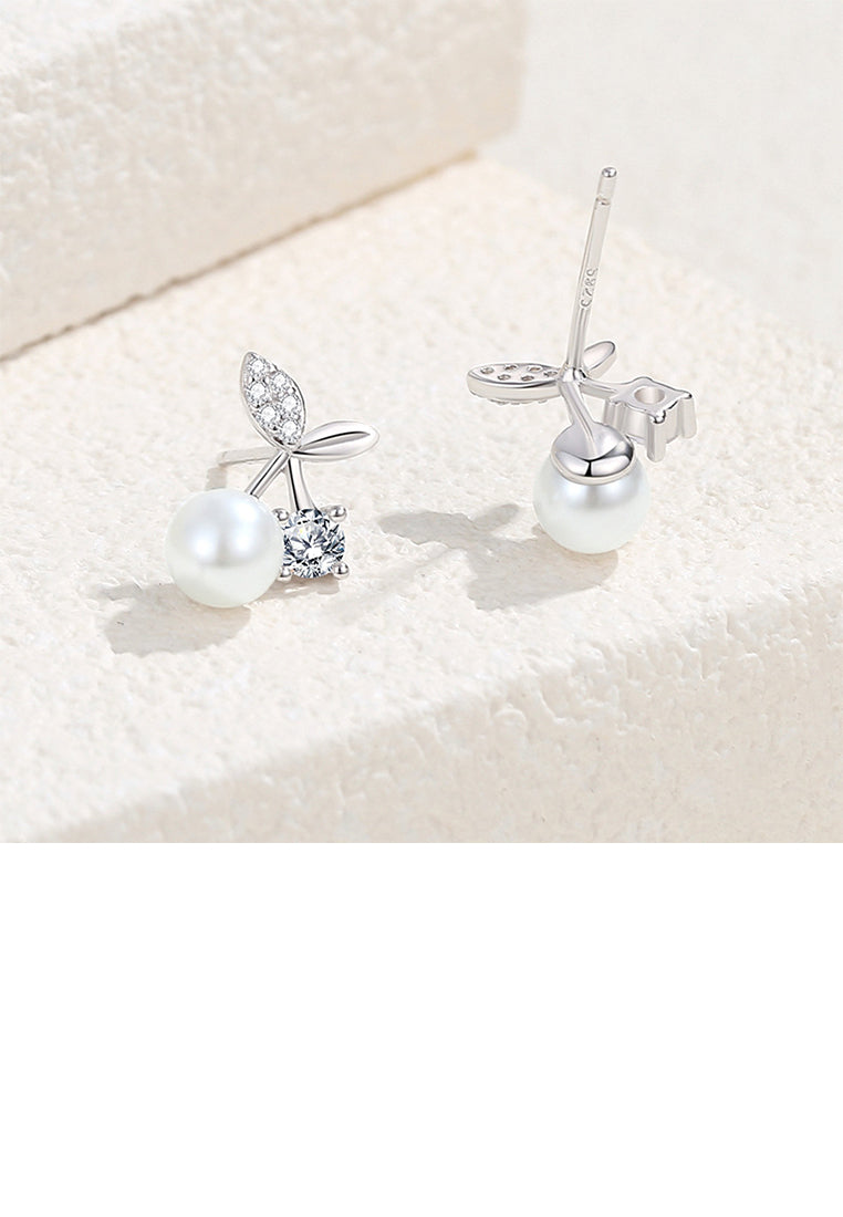 925 Sterling Silver Simple Sweet Imitation Pearl Stud Earrings with Cubic Zirconia - Luxurious Look
