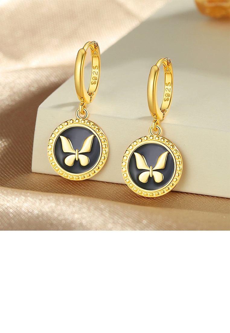 925 Sterling Silver Plated Gold Fashion Temperament Butterfly Enamel Round Earrings