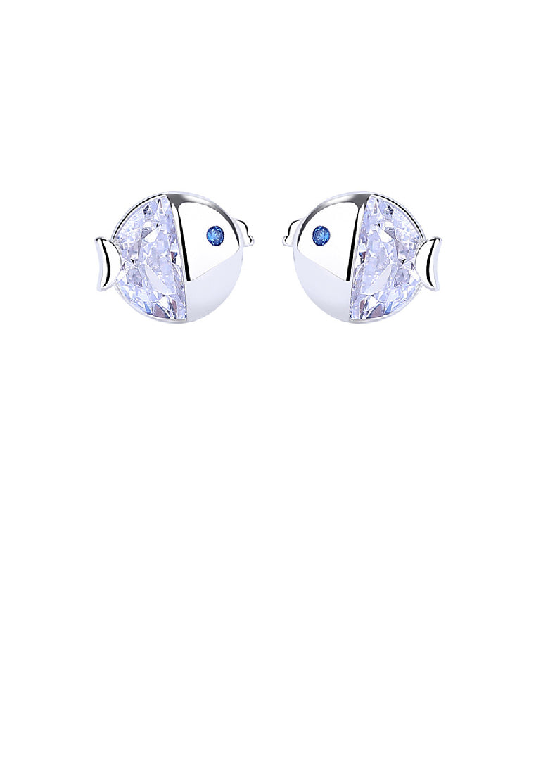 925 Sterling Silver Simple and Cute Kissing Fish Stud Earrings with Cubic Zirconia - Luxurious Look
