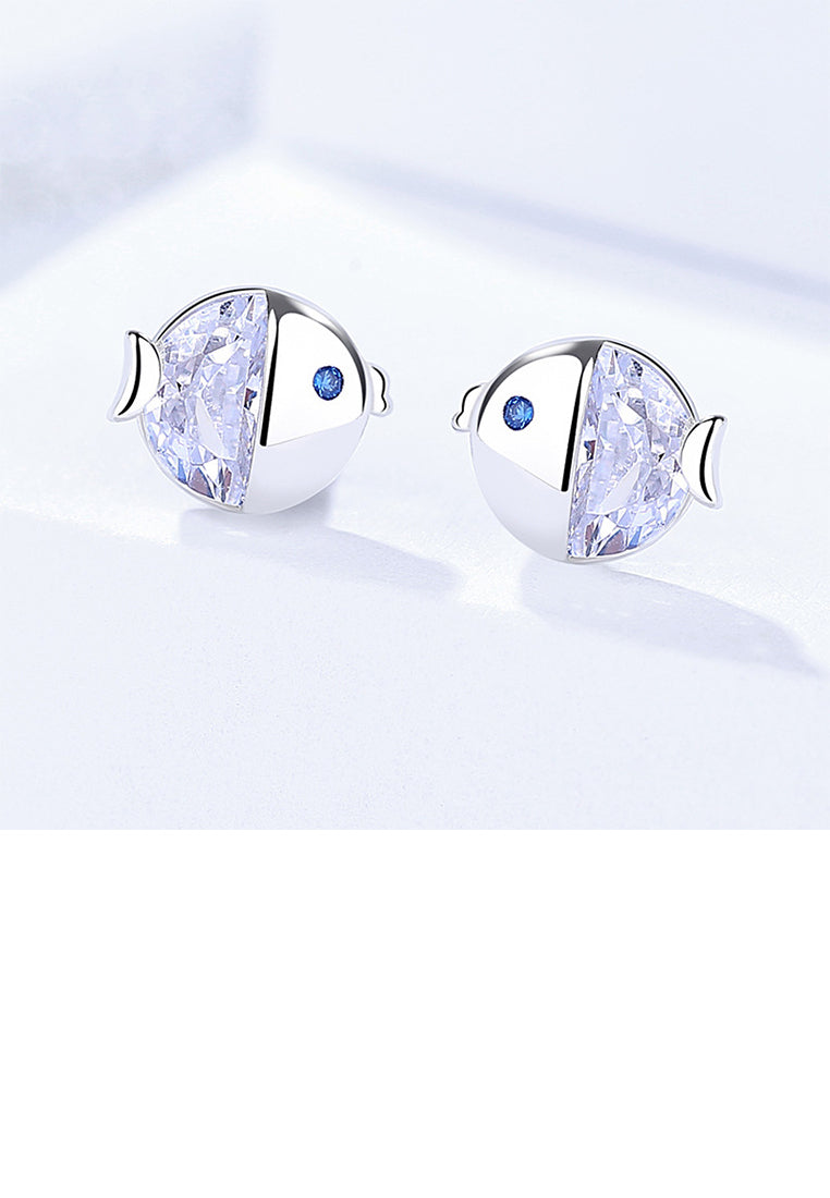 925 Sterling Silver Simple and Cute Kissing Fish Stud Earrings with Cubic Zirconia - Luxurious Look