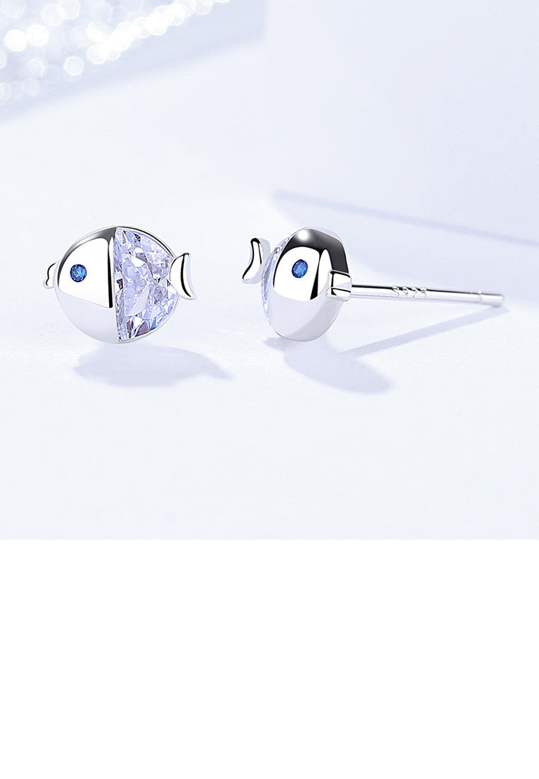 925 Sterling Silver Simple and Cute Kissing Fish Stud Earrings with Cubic Zirconia - Luxurious Look