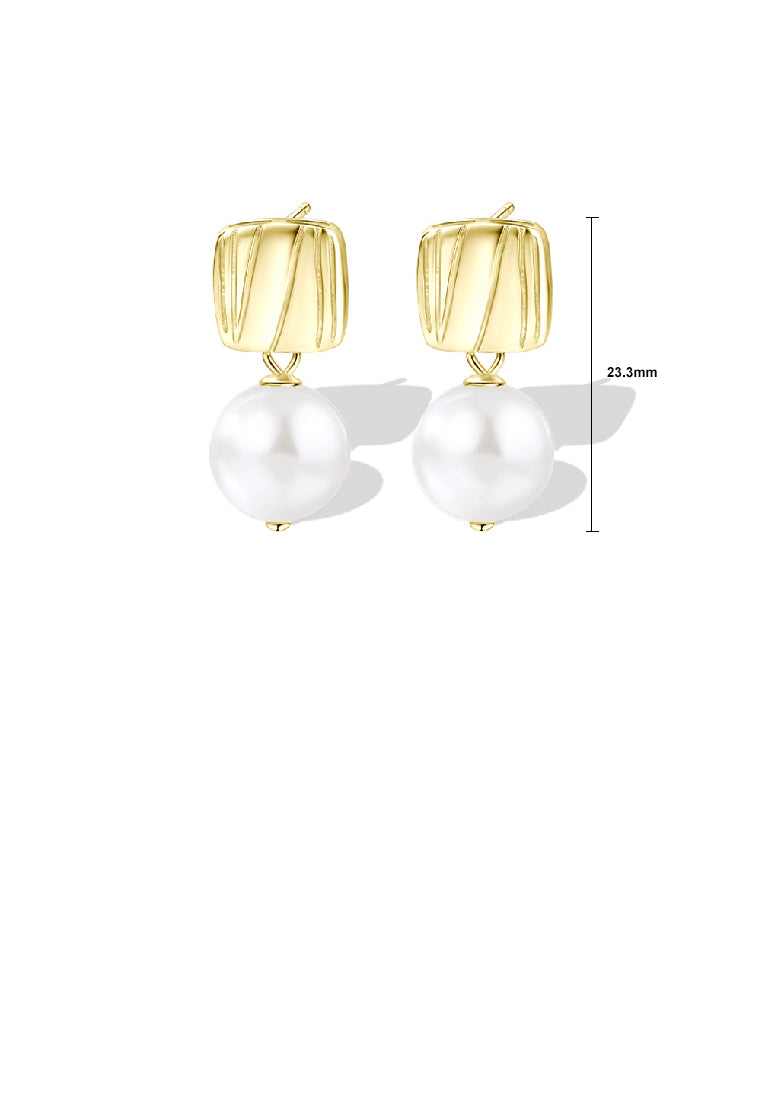 925 Sterling Silver Plated Gold Fashion Simple Line Geometric Square Earrings with Freshwater Pearls