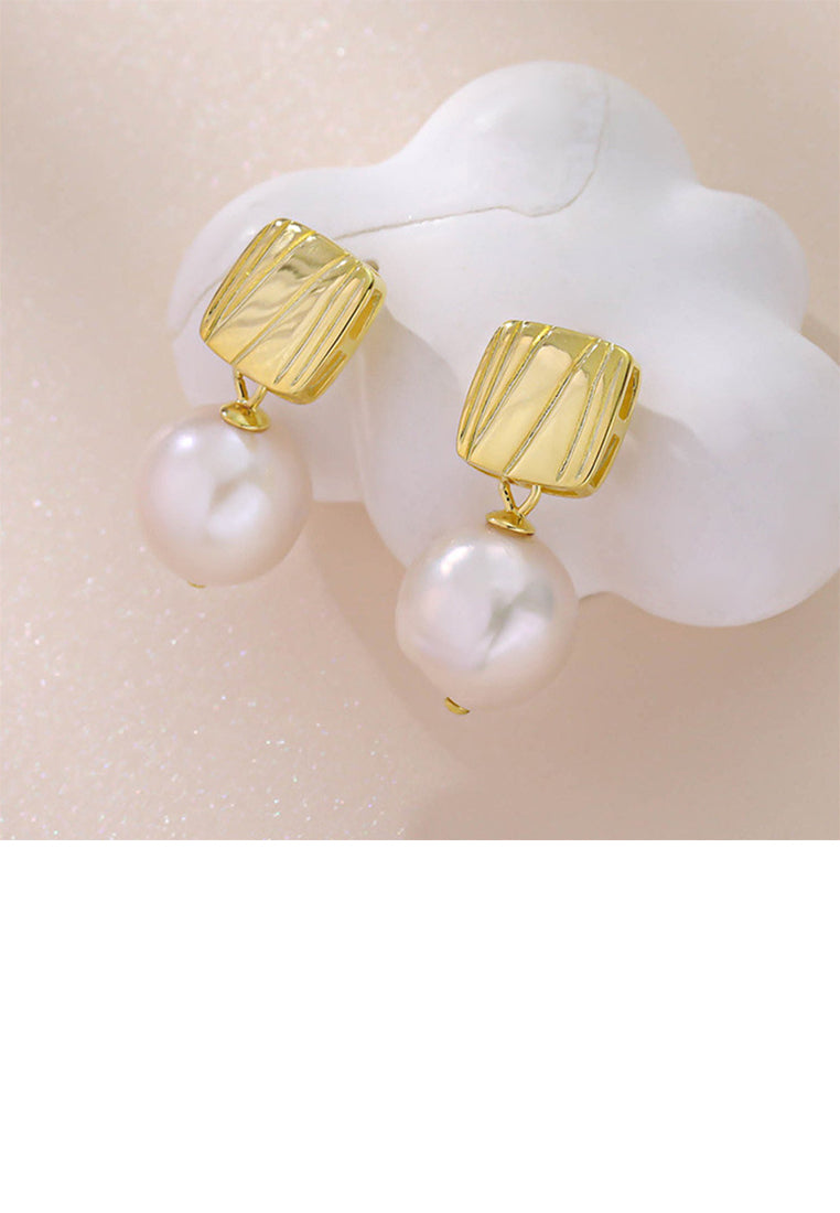 925 Sterling Silver Plated Gold Fashion Simple Line Geometric Square Earrings with Freshwater Pearls