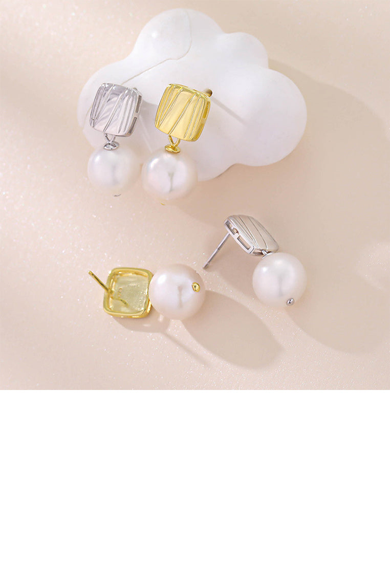 925 Sterling Silver Plated Gold Fashion Simple Line Geometric Square Earrings with Freshwater Pearls