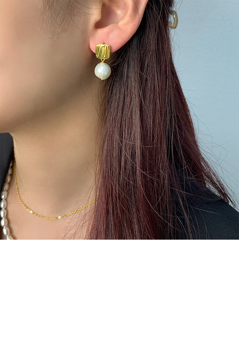 925 Sterling Silver Plated Gold Fashion Simple Line Geometric Square Earrings with Freshwater Pearls