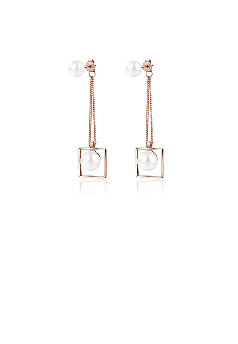 925 Sterling Silver Plated Rose Gold Fashion Simple Geometric Square Freshwater Pearl Tassel Earrings - Luxurious Look