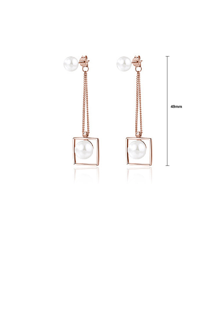 925 Sterling Silver Plated Rose Gold Fashion Simple Geometric Square Freshwater Pearl Tassel Earrings - Luxurious Look