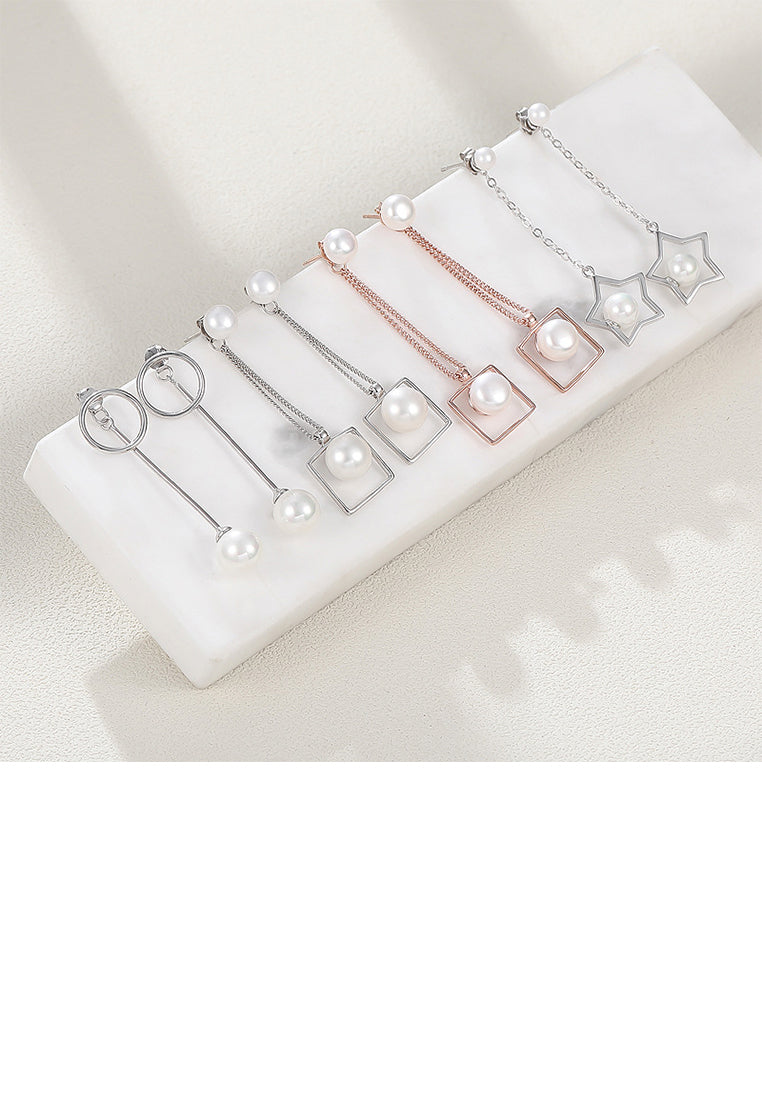 925 Sterling Silver Plated Rose Gold Fashion Simple Geometric Square Freshwater Pearl Tassel Earrings - Luxurious Look