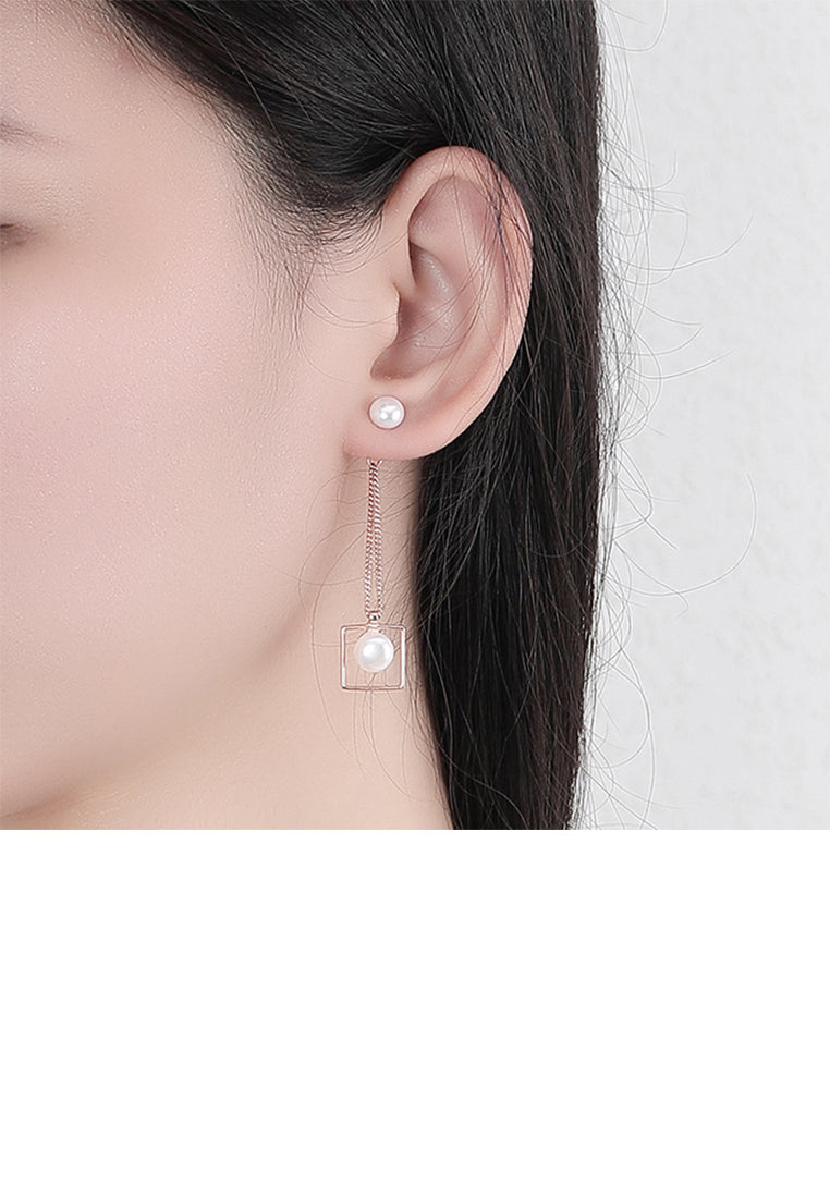925 Sterling Silver Plated Rose Gold Fashion Simple Geometric Square Freshwater Pearl Tassel Earrings - Luxurious Look