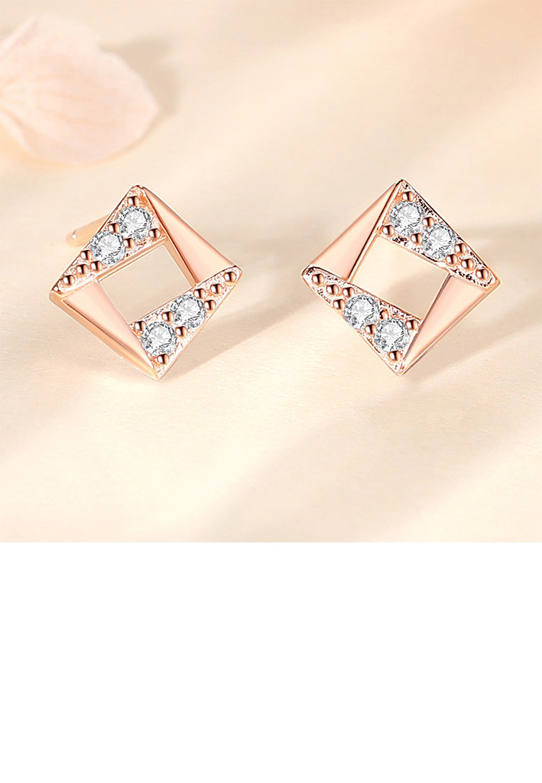 925 Sterling Silver Plated Rose Gold Simple and Fashion Hollow Geometric Square Stud Earrings with Cubic Zirconia - Luxurious Look