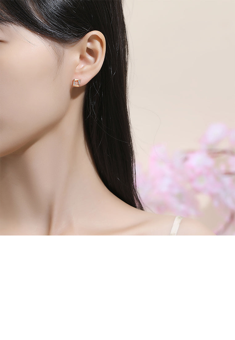 925 Sterling Silver Plated Rose Gold Simple and Fashion Hollow Geometric Square Stud Earrings with Cubic Zirconia - Luxurious Look